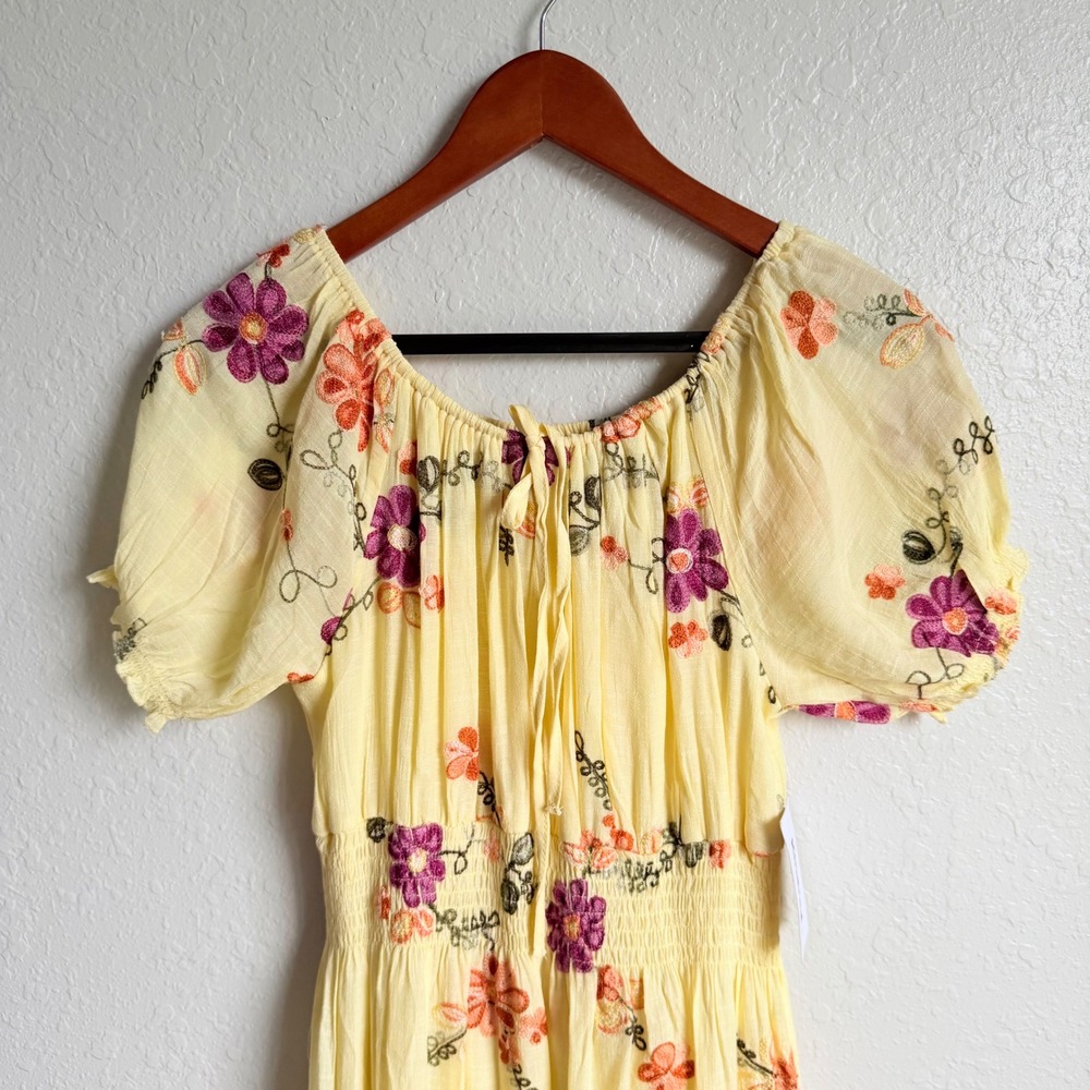 Anthro Kindred Smocked Maxi Dress Butter Yellow Embroidered NWT Cottagecore - Picture 2 of 16